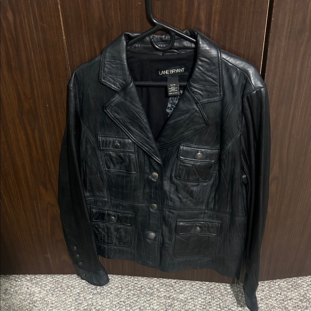 Lane Bryant Black Button-Up Leather Jacket